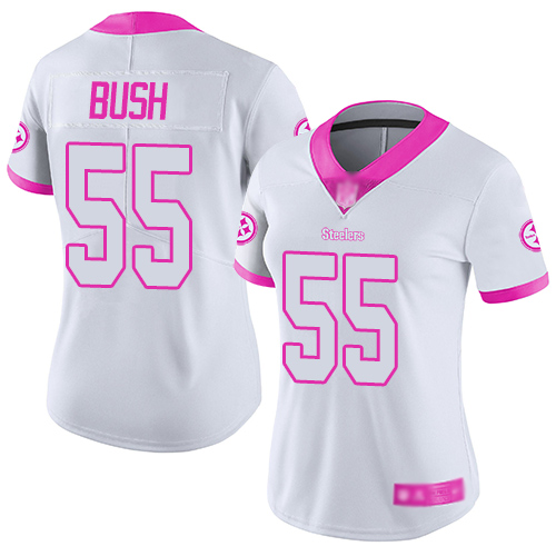 Women Pittsburgh Steelers Football #55 Limited White Pink Devin Bush Rush Fashion Nike NFL Jersey